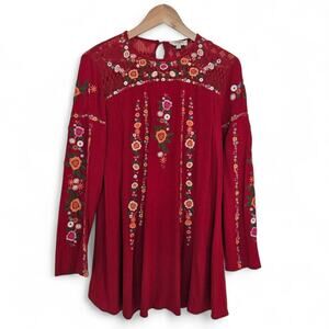 Umgee Womens Floral Embroidered Boho Tunic Top Size S Festival Cottage Hippie
